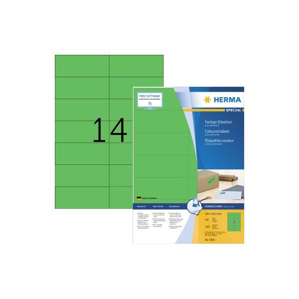 4008705045599 - HERMA Farbige Multifunktionsetiketten 4559 Grün Rechteckig 105 x 42 mm 100 Blatt à 14 Etiketten