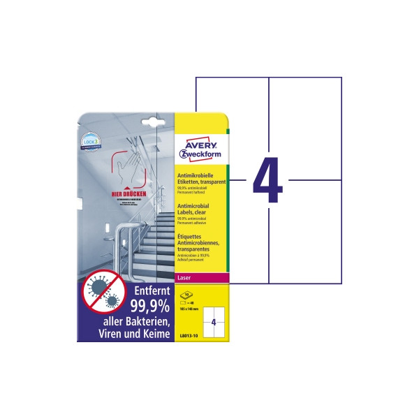 4004182380130 - Etiketten Serie L8013-10 antimikrobiell desinfektionsmittelbeständig für Laserdrucker 105 x 148 mm 40 Stück 10 A4-Bogen Folie transparent