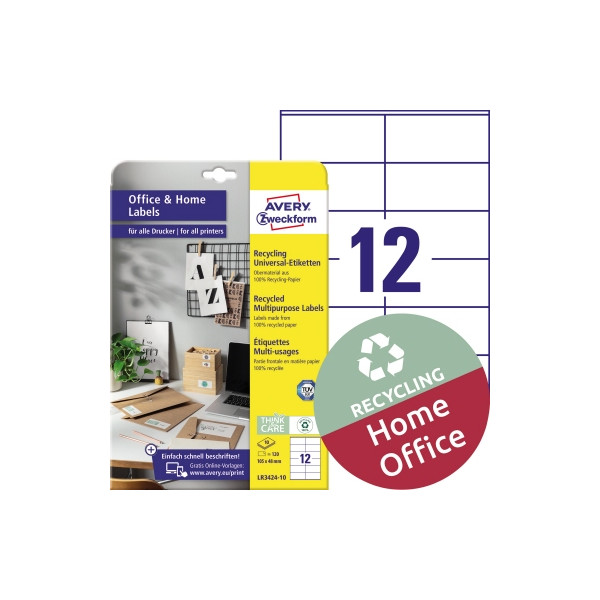 4004182334744 - LR3424-10 Recycling Etiketten Home Office Kleinpackung A4 Adressaufkleber 105 x 48 mm 10 Bogen 120 Etiketten naturweiß - Avery Zweckform