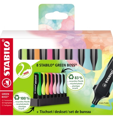 Textmarker GREEN BOSS Pastell, 6070/08-5, Etui, 8-farbig sortiert, 2-5mm Keilspitze