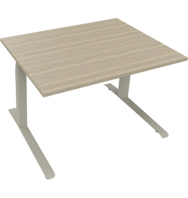 Sitz-Steh-Schreibtisch All in One, elektrisch h&ouml;henverstellbar, 64,5-127,5cm (H), 120x90cm (BxT), rechteckig, eiche natur / silb