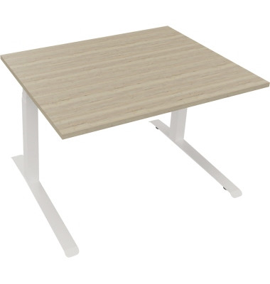 Sitz-Steh-Schreibtisch All in One, elektrisch h&ouml;henverstellbar, 64,5-127,5cm (H), 120x90cm (BxT), rechteckig, eiche natur / wei&szlig;