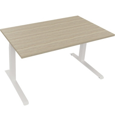 Sitz-Steh-Schreibtisch All in One, elektrisch h&ouml;henverstellbar, 64,5-127,5cm (H), 140x80cm (BxT), rechteckig, eiche natur / wei&szlig;