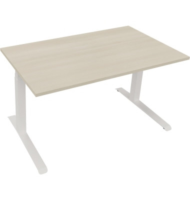 Sitz-Steh-Schreibtisch All in One, elektrisch h&ouml;henverstellbar, 64,5-127,5cm (H), 140x80cm (BxT), rechteckig, akazie hell / wei&szlig;
