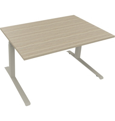 Sitz-Steh-Schreibtisch All in One, elektrisch h&ouml;henverstellbar, 64,5-127,5cm (H), 140x90cm (BxT), rechteckig, eiche natur / silb