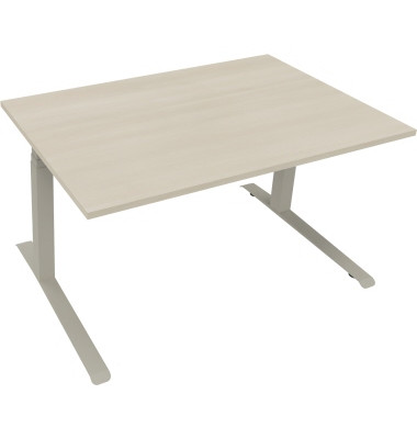 Sitz-Steh-Schreibtisch All in One, elektrisch höhenverstellbar, 64,5-127,5cm (H), 140x90cm (BxT), rechteckig, akazie hell / silb