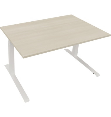 Sitz-Steh-Schreibtisch All in One, elektrisch h&ouml;henverstellbar, 64,5-127,5cm (H), 140x90cm (BxT), rechteckig, akazie hell / wei&szlig;