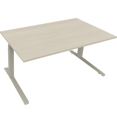 Sitz-Steh-Schreibtisch All in One, elektrisch höhenverstellbar, 64,5-127,5cm (H), 160x90cm (BxT), rechteckig, akazie hell / silb