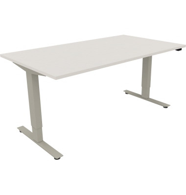 Sitz-Steh-Schreibtisch, elektrisch höhenverstellbar, 62,5-128,5cm (H), 160x90cm (BxT), rechteckig, weiß / silberaluminium Sitz-Steh-Schreibtisch, elektrisch höhenverstellbar, 62,5-128,5cm (H), 160x90cm (BxT), rechteckig, weiß / silberaluminium