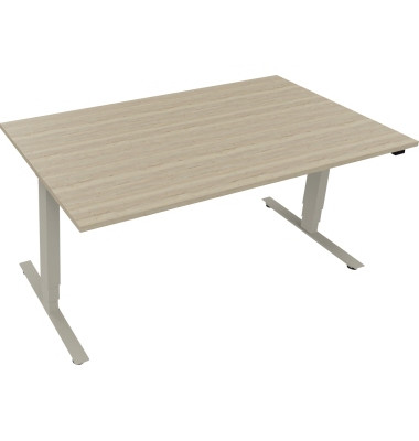 Sitz-Steh-Schreibtisch, elektrisch höhenverstellbar, 62,5-128,5cm (H), 160x90cm (BxT), rechteckig, eiche natur / silberaluminium
