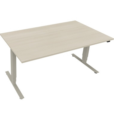 Sitz-Steh-Schreibtisch, elektrisch höhenverstellbar, 62,5-128,5cm (H), 160x90cm (BxT), rechteckig, akazie hell / silberaluminium
