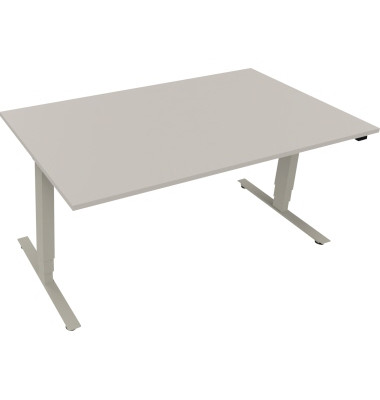 Sitz-Steh-Schreibtisch, elektrisch höhenverstellbar, 62,5-128,5cm (H), 160x90cm (BxT), rechteckig, lichtgrau / silberaluminium