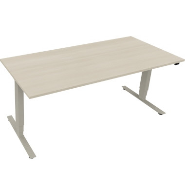 Sitz-Steh-Schreibtisch, elektrisch h&ouml;henverstellbar, 62,5-128,5cm (H), 180x80cm (BxT), rechteckig, akazie hell / silber
