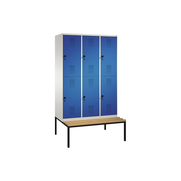 4056211259368 - EVOLO Garderobenschrank doppelstöckig mit Sitzbank 3 Abteile je 2 Fächer Abteilbreite 400 mm lichtgrau enzianblau 4056211259368 - EVOLO Garderobenschrank doppelstöckig mit Sitzbank 3 Abteile je 2 Fächer Abteilbreite 400 mm lichtgrau enzianblau