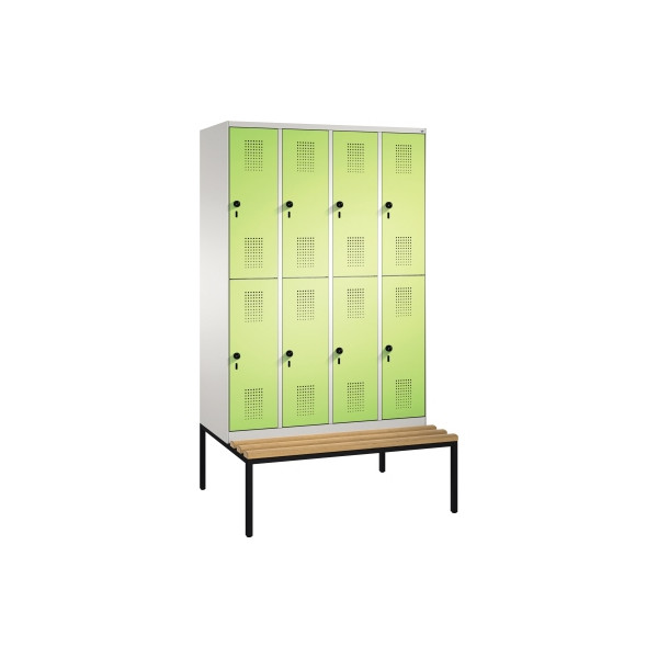 4056211657713 - EVOLO Garderobenschrank doppelstöckig mit Sitzbank 4 Abteile je 2 Fächer Abteilbreite 300 mm lichtgrau viridingrün 4056211657713 - EVOLO Garderobenschrank doppelstöckig mit Sitzbank 4 Abteile je 2 Fächer Abteilbreite 300 mm lichtgrau viridingrün