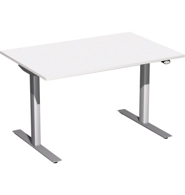 Sitz-Steh-Schreibtisch Elektro Flex, elektrisch höhenverstellbar, 65-125cm (H), 120x80cm (BxT), rechteckig, weiß / silber