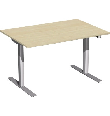 Sitz-Steh-Schreibtisch Elektro Flex, elektrisch h&ouml;henverstellbar, 65-125cm (H), 120x80cm (BxT), rechteckig, ahorn / silber