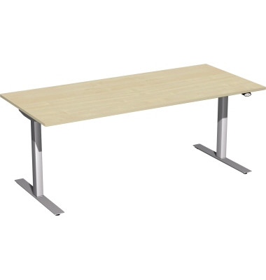 Sitz-Steh-Schreibtisch Elektro Flex, elektrisch h&ouml;henverstellbar, 65-125cm (H), 180x80cm (BxT), rechteckig, ahorn / silber