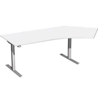 Sitz-Steh-Schreibtisch Elektro Flex, elektrisch höhenverstellbar, 65-125cm (H), 216,6x113cm (BxT), Freiform, weiß / silber