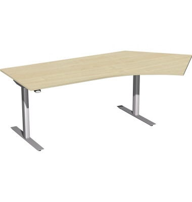Sitz-Steh-Schreibtisch Elektro Flex, elektrisch h&ouml;henverstellbar, 65-125cm (H), 216,6x113cm (BxT), Freiform, ahorn / silber