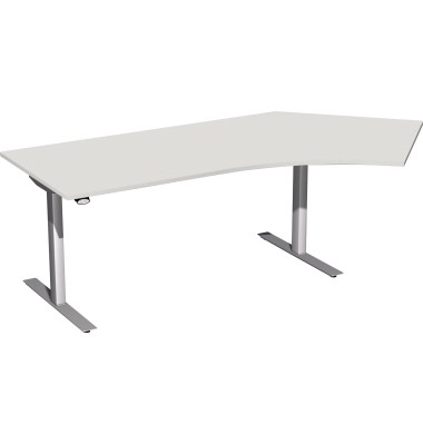 Sitz-Steh-Schreibtisch Elektro Flex, elektrisch h&ouml;henverstellbar, 65-125cm (H), 216,6x113cm (BxT), Freiform, grau / silber