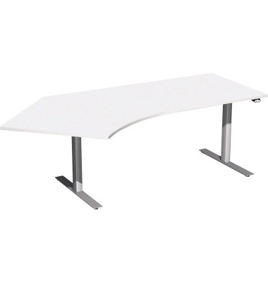Sitz-Steh-Schreibtisch Elektro Flex, elektrisch h&ouml;henverstellbar, 65-125cm (H), 216,6x113cm (BxT), Freiform, wei&szlig; / silber