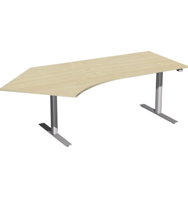 Sitz-Steh-Schreibtisch Elektro Flex, elektrisch höhenverstellbar, 65-125cm (H), 216,6x113cm (BxT), Freiform, ahorn / silber