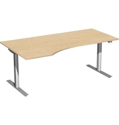 Sitz-Steh-Schreibtisch Elektro Flex, elektrisch h&ouml;henverstellbar, 65-125cm (H), 180x80cm (BxT), Freiform, buche / silber