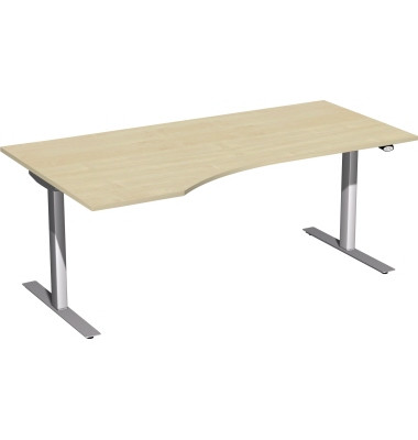 Sitz-Steh-Schreibtisch Elektro Flex, elektrisch h&ouml;henverstellbar, 65-125cm (H), 180x80cm (BxT), Freiform, ahorn / silber