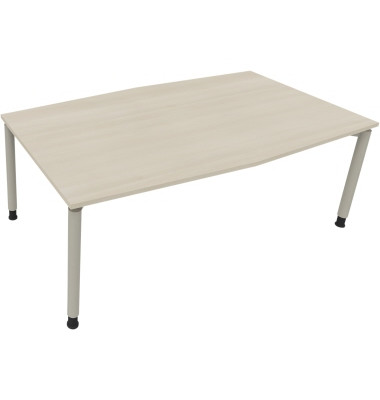 Besprechungstisch communication, h&ouml;henverstellbar 68-82cm (H), 200x100/110cm (BxT), Tonnenform, akazie hell / silber