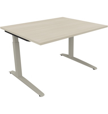 Schreibtisch All in One, manuell höhenverstellbar, 65-85cm (H), 120x100cm (BxT), rechteckig, akazie hell / silberaluminium