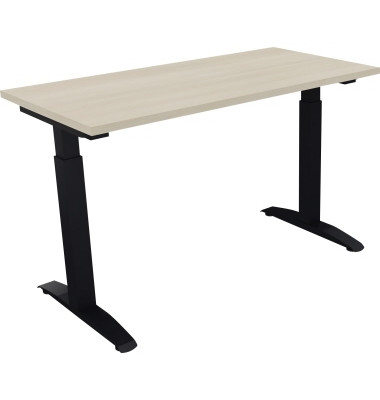 Schreibtisch All in One, manuell höhenverstellbar, 65-85cm (H), 120x60cm (BxT), rechteckig, akazie hell / anthrazit metallic