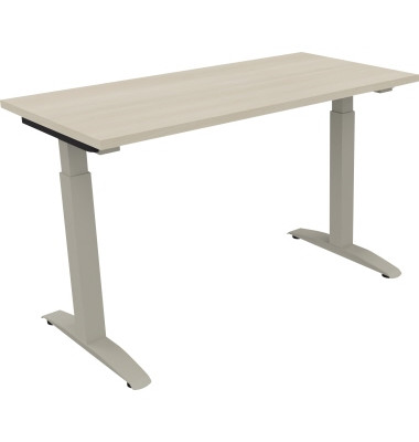 Schreibtisch All in One, manuell höhenverstellbar, 65-85cm (H), 120x60cm (BxT), rechteckig, akazie hell / silberaluminium