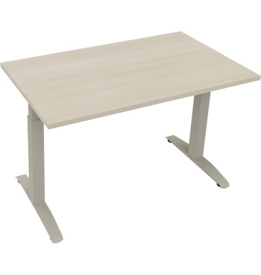 Schreibtisch All in One, manuell höhenverstellbar, 65-85cm (H), 120x70cm (BxT), rechteckig, akazie hell / silberaluminium