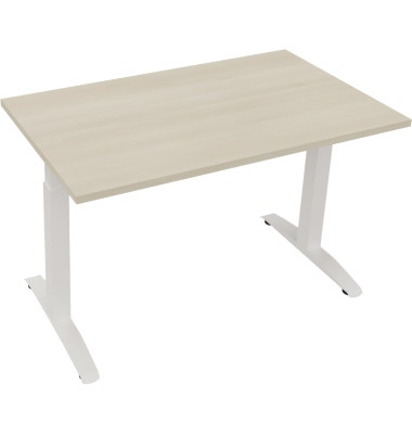 Schreibtisch All in One, manuell höhenverstellbar, 65-85cm (H), 120x70cm (BxT), rechteckig, akazie hell / weiß
