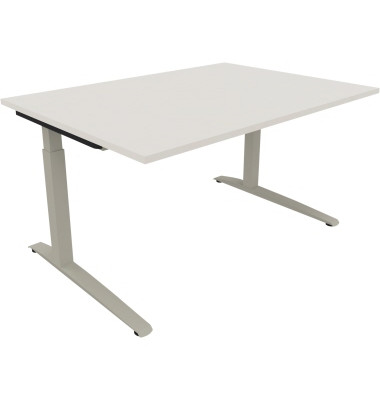 Schreibtisch All in One, manuell h&ouml;henverstellbar, 65-85cm (H), 140x100cm (BxT), rechteckig, wei&szlig; / silberaluminium