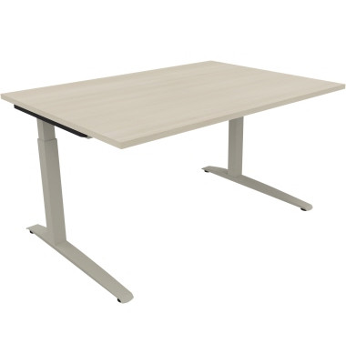 Schreibtisch All in One, manuell höhenverstellbar, 65-85cm (H), 140x100cm (BxT), rechteckig, akazie hell / silberaluminium