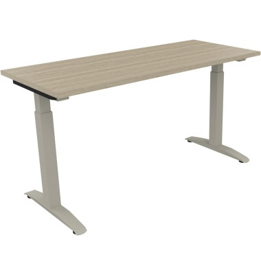 Schreibtisch All in One, manuell höhenverstellbar, 65-85cm (H), 140x60cm (BxT), rechteckig, eiche natur / silberaluminium