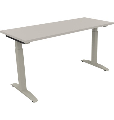 Schreibtisch All in One, manuell höhenverstellbar, 65-85cm (H), 140x60cm (BxT), rechteckig, lichtgrau / silberaluminium