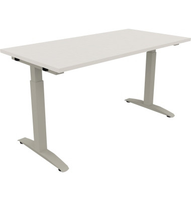 Schreibtisch All in One, manuell höhenverstellbar, 65-85cm (H), 140x70cm (BxT), rechteckig, weiß / silberaluminium
