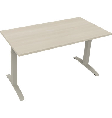 Schreibtisch All in One, manuell höhenverstellbar, 65-85cm (H), 140x70cm (BxT), rechteckig, akazie hell / silberaluminium
