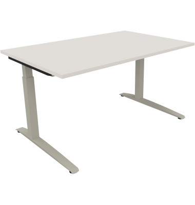 Schreibtisch All in One, manuell höhenverstellbar, 65-85cm (H), 140x90cm (BxT), rechteckig, weiß / silberaluminium