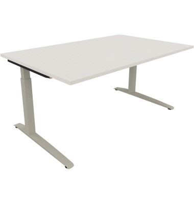 Schreibtisch All in One, manuell höhenverstellbar, 65-85cm (H), 160x100cm (BxT), rechteckig, weiß / silberaluminium Schreibtisch All in One, manuell höhenverstellbar, 65-85cm (H), 160x100cm (BxT), rechteckig, weiß / silberaluminium