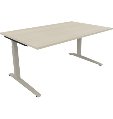 Schreibtisch All in One, manuell höhenverstellbar, 65-85cm (H), 160x100cm (BxT), rechteckig, akazie hell / silberaluminium