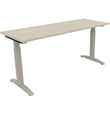 Schreibtisch All in One, manuell höhenverstellbar, 65-85cm (H), 160x60cm (BxT), rechteckig, akazie hell / silberaluminium