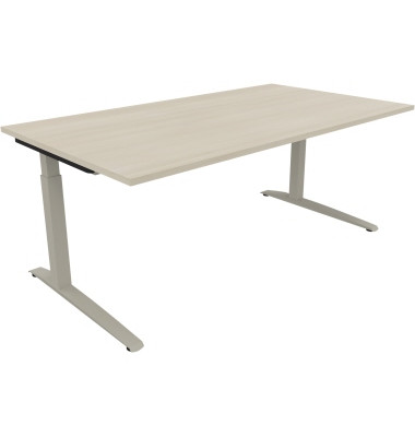 Schreibtisch All in One, manuell höhenverstellbar, 65-85cm (H), 180x100cm (BxT), rechteckig, akazie hell / silberaluminium