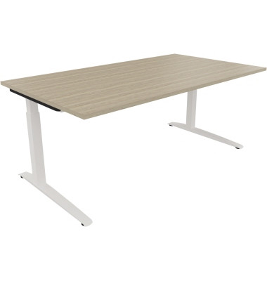 Schreibtisch All in One, manuell höhenverstellbar, 65-85cm (H), 180x100cm (BxT), rechteckig, eiche natur / weiß