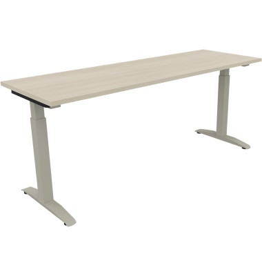 Schreibtisch All in One, manuell höhenverstellbar, 65-85cm (H), 180x60cm (BxT), rechteckig, akazie hell / silberaluminium