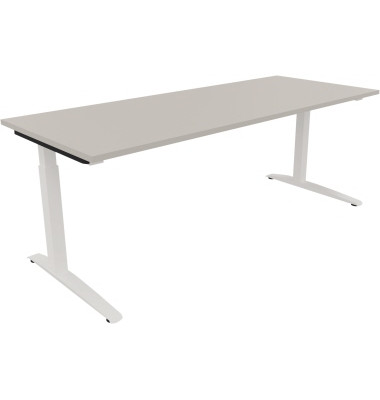 Schreibtisch All in One, manuell höhenverstellbar, 65-85cm (H), 180x70cm (BxT), rechteckig, lichtgrau / weiß