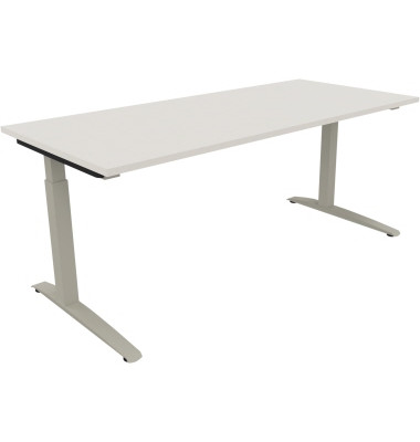 Schreibtisch All in One, manuell höhenverstellbar, 65-85cm (H), 180x80cm (BxT), rechteckig, weiß / silberaluminium
